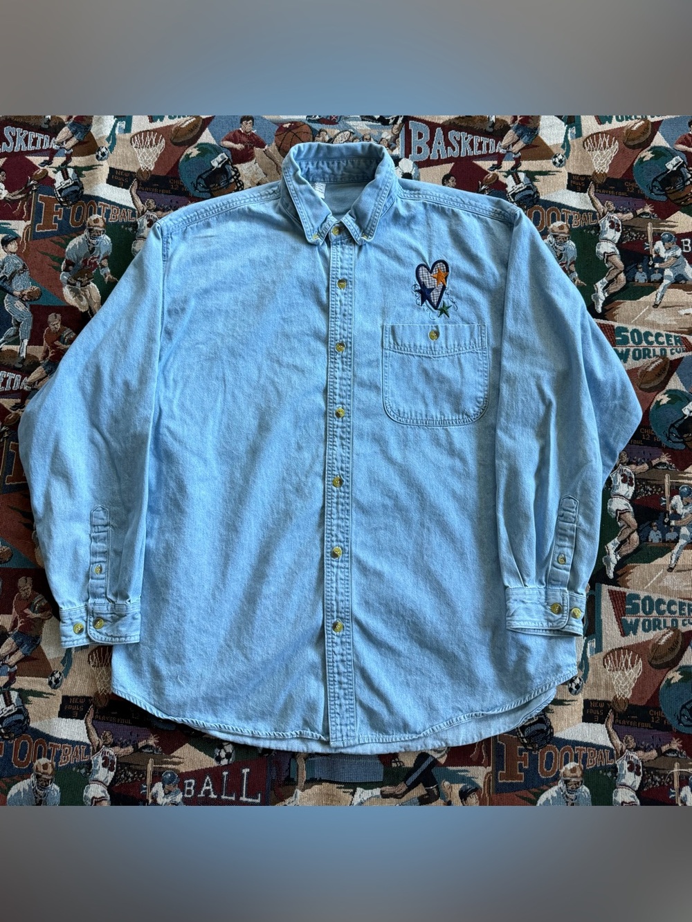 Vintage 90s Women’s Blue Denim Shirt With Embroidered Hearts